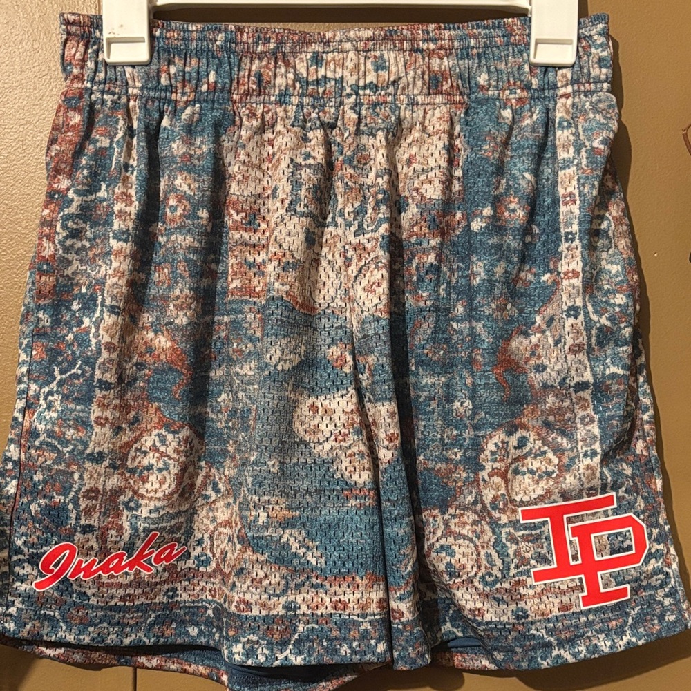 Inaka Power Blue and Brown Patterned Shorts SIZE LARGE pockets in front